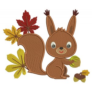 Cute Little Squirrel With Leaves Filled Machine Embroidery Design Digitized Pattern